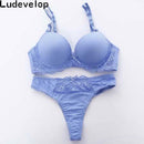 Women Padded Seamless Sheer Lace Push Up Bra And Lace Thongs Set-Sky Blue-B-36-JadeMoghul Inc.