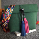 Women Patent Leather Bag With Colorful Shoulder Strap And Tassel Detailing-Green-JadeMoghul Inc.