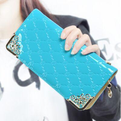 Women Patent leather Quilted Multi Pocket Zipper Wallet-Blue-JadeMoghul Inc.