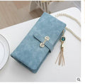 Women Patent Leather Wallet With Metal Chain Tassel Detailing-long blue-JadeMoghul Inc.