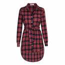 Women Plaid Full Sleeved Button Down Long Tunic top-navy blue-M-JadeMoghul Inc.