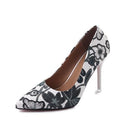 Women Pumps High Heels Ladies Floral Printing Shallow Slip On Pointed Toe Office Shoes Female Fashion Footwear-Black-5-JadeMoghul Inc.