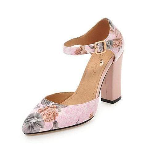 Women Pumps High Heels Woman Shoes Brand Spring Pointed Toe Ankle Strap Pumps Flower Thick Heel Wedding Shoes Plus Size 45