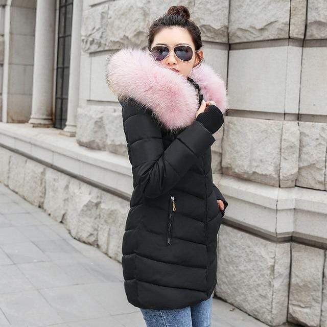 Women Quilted Winter Jacket With Faux Fur Collar