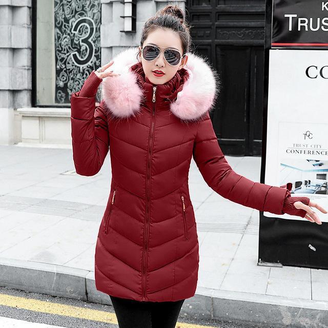 Women Quilted Winter Jacket With Faux Fur Collar-burgundy-S-JadeMoghul Inc.