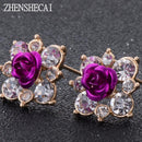 Women Rhinestone Crystal And Rose Flower Stud Earrings-A-JadeMoghul Inc.