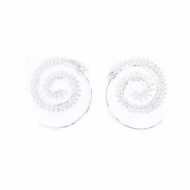 Women Romantic Ethnic Spiral Hoop Earrings-Silver-JadeMoghul Inc.
