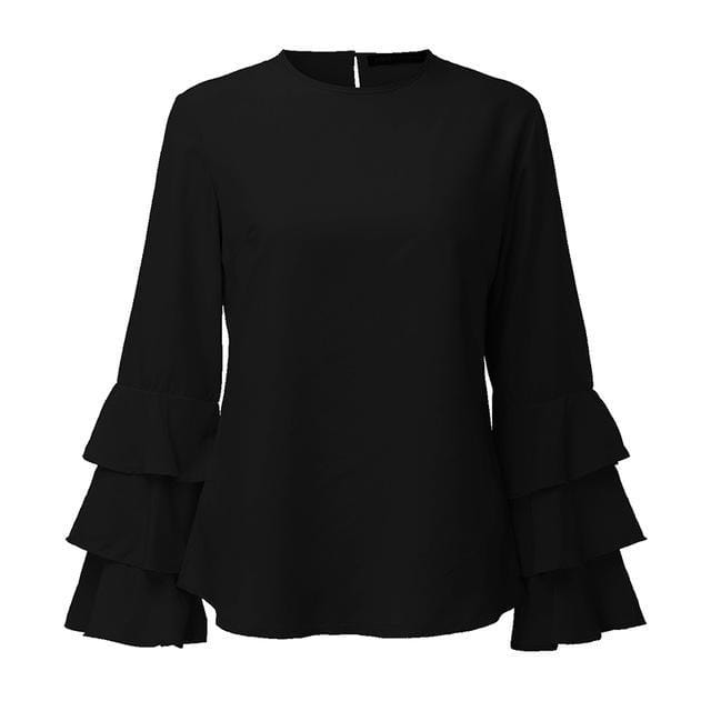 Women Ruffled Full Sleeves Chiffon Shirt Top-Black-S-JadeMoghul Inc.