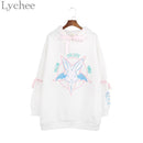 Women S Rabbit Pentacle Print Ribbon Lace Up Hoodie-White-One Size-JadeMoghul Inc.