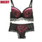 Women Satin And Lace Padded Push Up Bra And Lined Lace Seamless Panties Set-Red-A-34-JadeMoghul Inc.