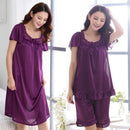 Women Silk Lace Trimmed Night Gown / 2 Piece Short Set-6011purple-M-JadeMoghul Inc.