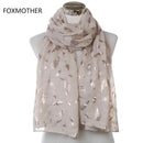 Women Silver Feather Printed Infinity Scarf-Beige Gold Long-JadeMoghul Inc.