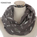 Women Silver Feather Printed Infinity Scarf-Dark Grey-JadeMoghul Inc.