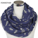 Women Silver Feather Printed Infinity Scarf-Navy Blue-JadeMoghul Inc.