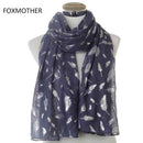 Women Silver Feather Printed Infinity Scarf-Navy Long-JadeMoghul Inc.