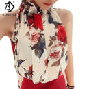 Women Sleeveless Chiffon Floral Printed turtle neck Adjustable Drawstring Top-black-S-JadeMoghul Inc.
