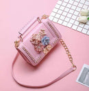 Women Small Shoulder Bag With Silk Flowers And Pearl Detailing