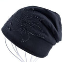 Women Solid color Slouch beanie/ Hat With Rhinestone Floral Detailing-Black-JadeMoghul Inc.