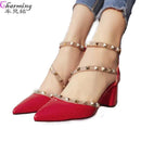 Women Solid Color square Heel Shoes With Rivet Detailing And Pin Buckle Closure