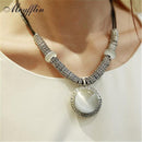 Women Statement Fashion Vintage Opal And Leather Collar Necklace