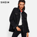 Women Studded Frayed Hem Denim Jacket-Black-S-JadeMoghul Inc.