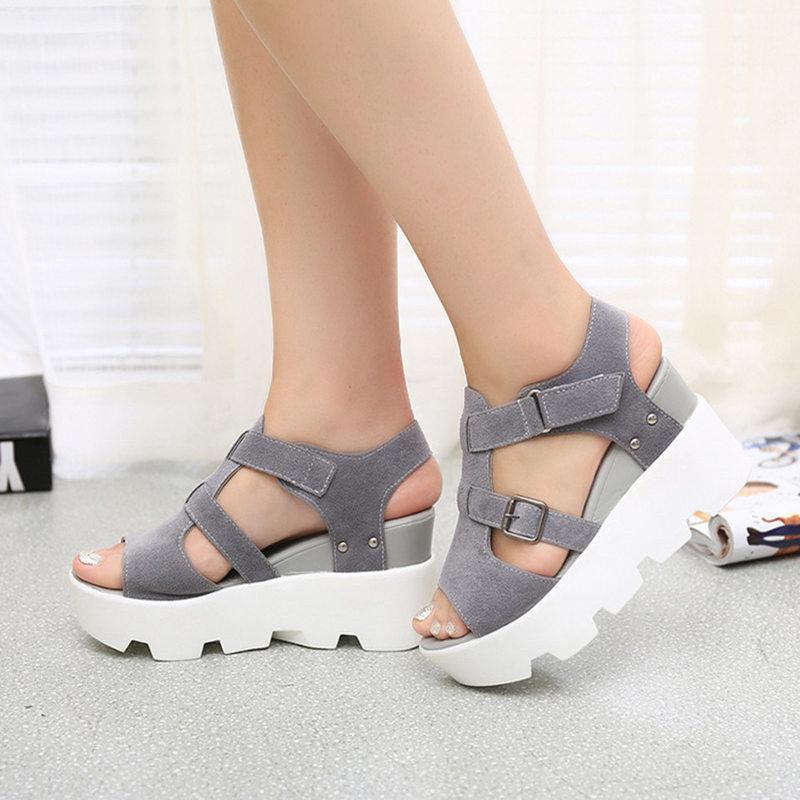 Wedge Sandals - Ankle Strap Velcro Closure