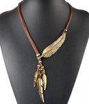 Women Vintage Feather Statement Necklace With Leather Rope Chain