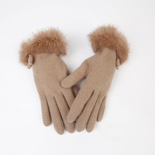 Women Warm Winter Wool Gloves With Soft Lining And Rabbit Fur Detailing-pt9837 camel-JadeMoghul Inc.