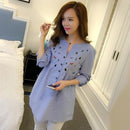 Women's Waist Pleated Embroidery Cotton Maternity Shirt Top-Long Sleeve-M-JadeMoghul Inc.