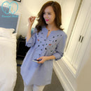 Women's Waist Pleated Embroidery Cotton Maternity Shirt Top-Long Sleeve-M-JadeMoghul Inc.