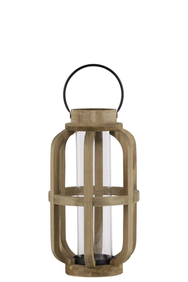 Wood Cylinder Metal Handle Lantern With Hurricane Candle Holder, Small, Brown-Lanterns-Brown-Wood Metal-Natural Finish-JadeMoghul Inc.