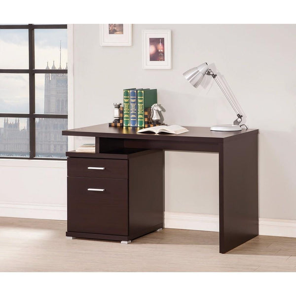 Wooden Contemporary Desk with Cabinet, Brown-Desks and Hutches-BROWN-MDF-JadeMoghul Inc.