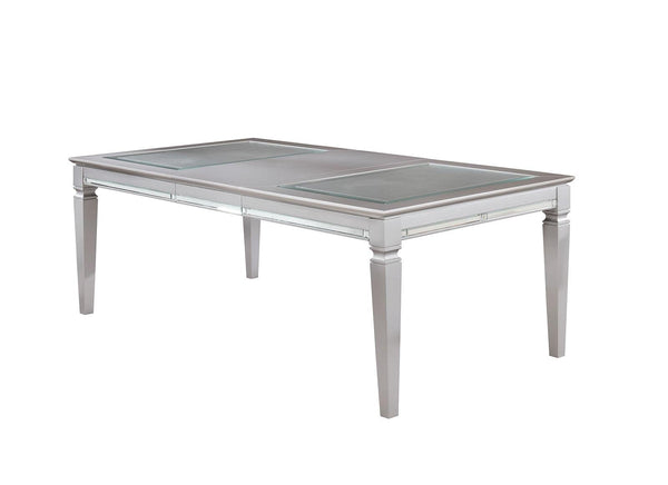 Wooden Dining Table With Beveled Mirror Insert, Silver and Clear-Dining Tables-Silver and clear-Wood and Glass-JadeMoghul Inc.