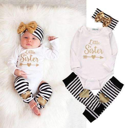 0-18M Newborn Baby Girls Clothes Little Sister Long Sleeve Bodysuit Romper Striped Leg Warmer Bow Hairband 3pcs Kids Clothing-White-4-6 months-JadeMoghul Inc.