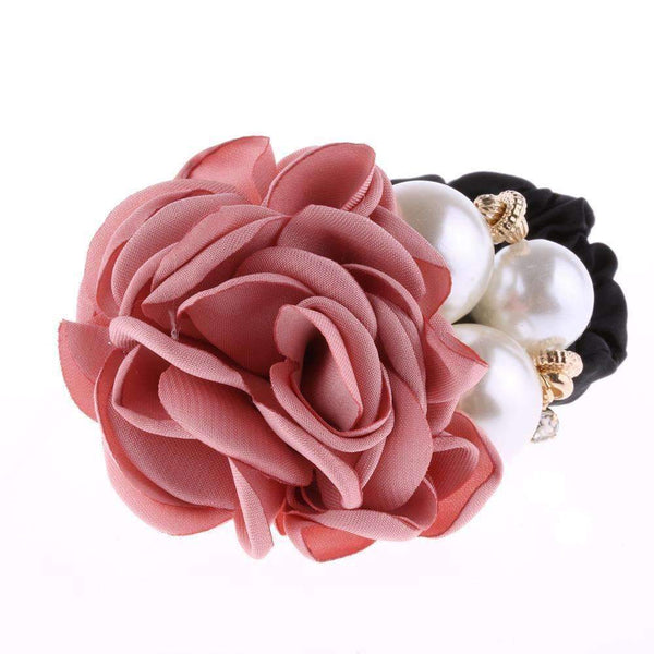 1 PC Fashion Women Satin Ribbon Big Rose Flower Pearls Hairband Floral Decor Elastic Ponytail Holder Hair Band Accessories-Pink-JadeMoghul Inc.
