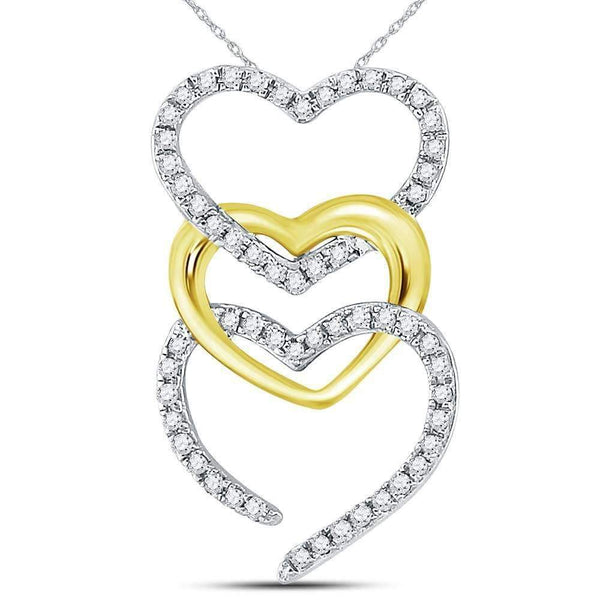 10k 2-tone Gold Women's Diamond Triple Cascading Heart Pendant-Gold & Diamond Pendants & Necklaces-JadeMoghul Inc.