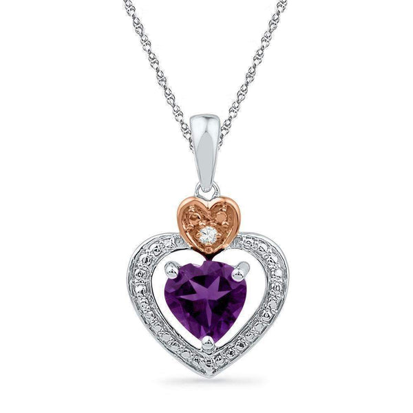 10k 2-tone Gold Women's Lab-Created Amethyst & Diamond Heart Pendant-Gold & Diamond Pendants & Necklaces-JadeMoghul Inc.