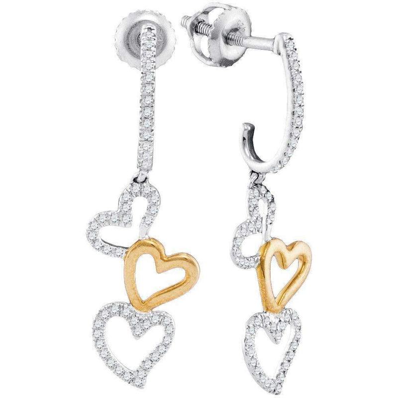 10k 2-tone White Gold Women's Diamond Dangling 3 Hearts Earrings - FREE Shipping (US/CA)-Gold & Diamond Earrings-JadeMoghul Inc.