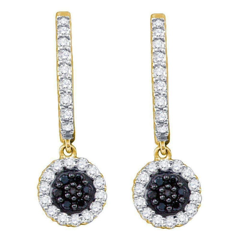 10k Gold Black Diamond Women's Hoop Flower Cluster Dangle Earrings - FREE Shipping (US/CA)-Gold & Diamond Earrings-JadeMoghul Inc.