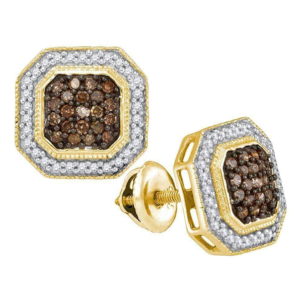 10k Gold Cognac Brown Enhanced Diamond Octagon Stud Earrings-Gold & Diamond Earrings-JadeMoghul Inc.