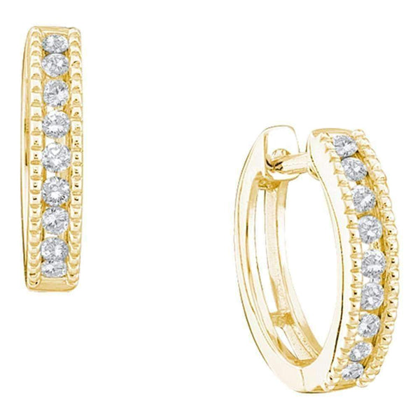 10k Gold Round Channel-set Diamond Women's Milgrain-accent Hoop Earrings - FREE Shipping (US/CA)-Gold & Diamond Earrings-JadeMoghul Inc.