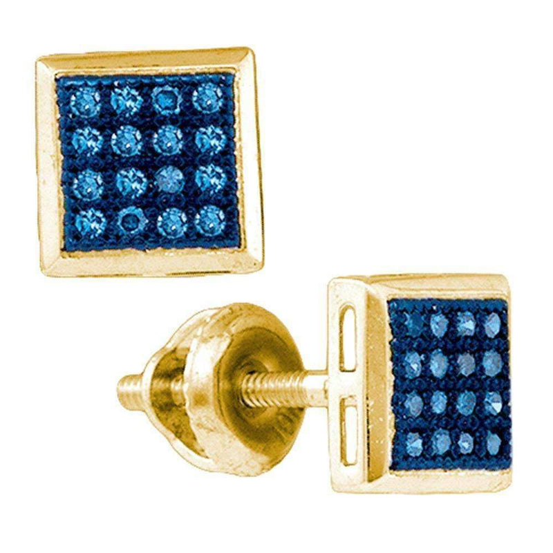 10k Gold Women's Blue Diamond Square Cluster Screwback Stud Earrings - FREE Shipping (US/CA)-Gold & Diamond Earrings-JadeMoghul Inc.