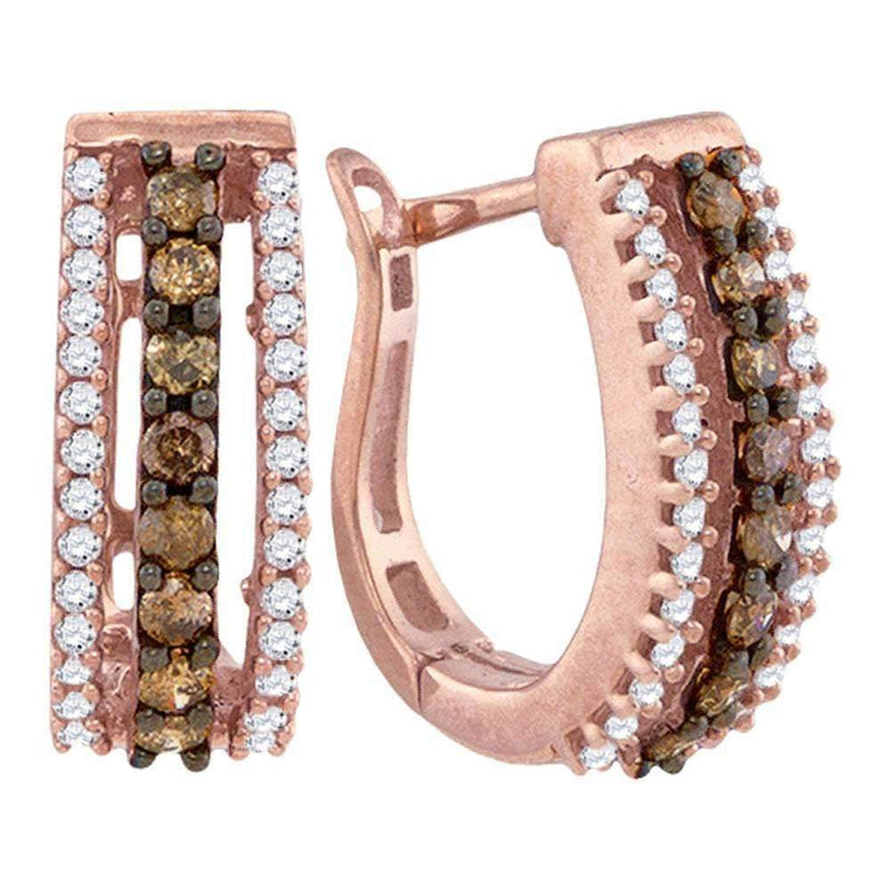 10k Rose Gold Cognac-Brown Enhanced White Diamond Women's Hoop Earrings - FREE Shipping (US/CA)-Gold & Diamond Earrings-JadeMoghul Inc.