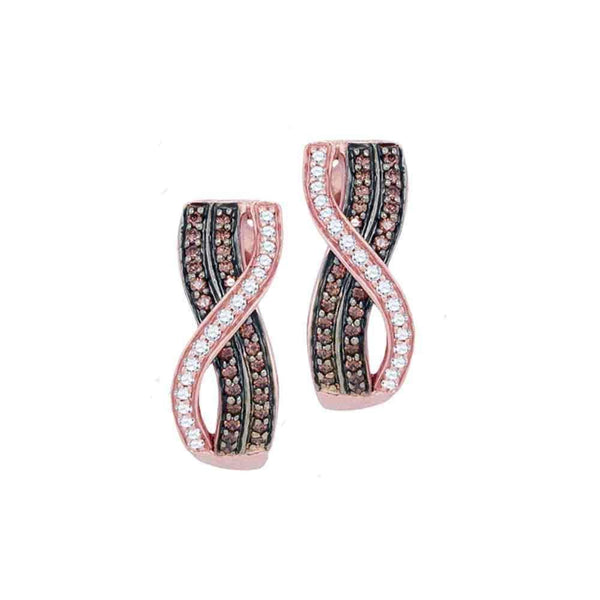 10k Rose Gold Women's Cognac-brown Diamond Crossover Stripe Hoop Earrings - FREE Shipping (US/CA)-Gold & Diamond Earrings-JadeMoghul Inc.