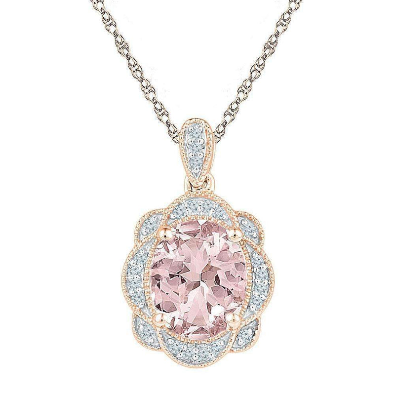 10k Rose Gold Women's Oval Lab-Created Morganite Oval Diamond Pendant-Gold & Diamond Pendants & Necklaces-JadeMoghul Inc.