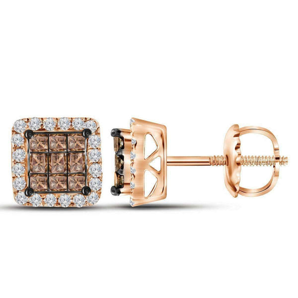 10k Rose Gold Women's Princess Red Diamond Square Cluster Earrings - FREE Shipping (US/CA)-Gold & Diamond Earrings-JadeMoghul Inc.