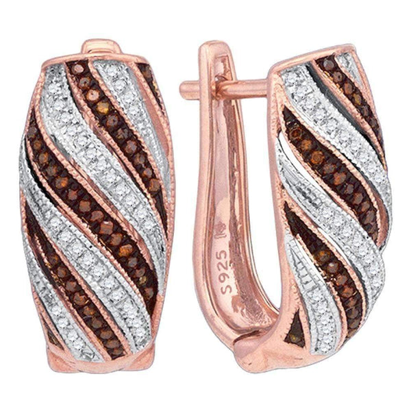 10k Rose Gold Women's Red Diamond Diagonal Striped Hoop Earrings - FREE Shipping (US/CA)-Gold & Diamond Earrings-JadeMoghul Inc.