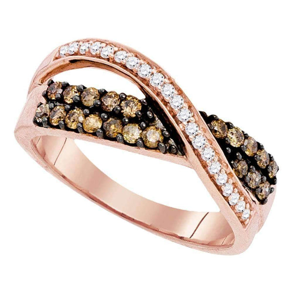 10k Rose Gold Women's Round Cognac-brown Diamond Crossover Ring - FREE Shipping (US/CA)-Gold & Diamond Bands-8-JadeMoghul Inc.