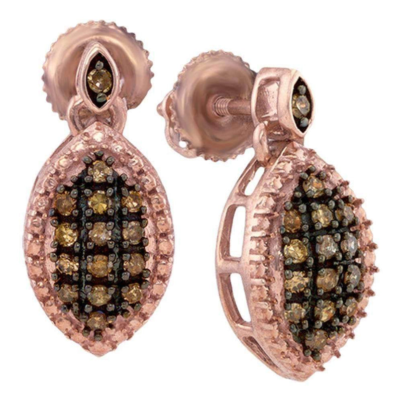 10k Rose Gold Women's Round Cognac-brown Diamond Dangle Earrings - FREE Shipping (US/CA)-Gold & Diamond Earrings-JadeMoghul Inc.