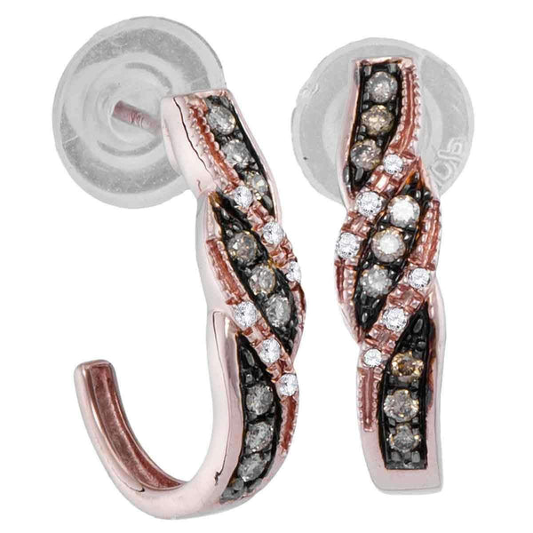 10k Rose Gold Women's Round Cognac-brown Diamond Half J Hoop Earrings - FREE Shipping (US/CA)-Gold & Diamond Earrings-JadeMoghul Inc.